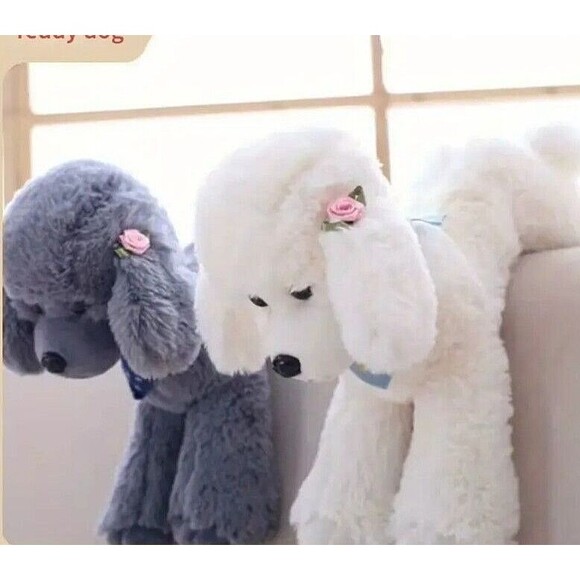 New SOFT Fur White POODLE Plush Stuffed PINK Rose LOVE Floppy TRENDY Dog - Picture 1 of 7
